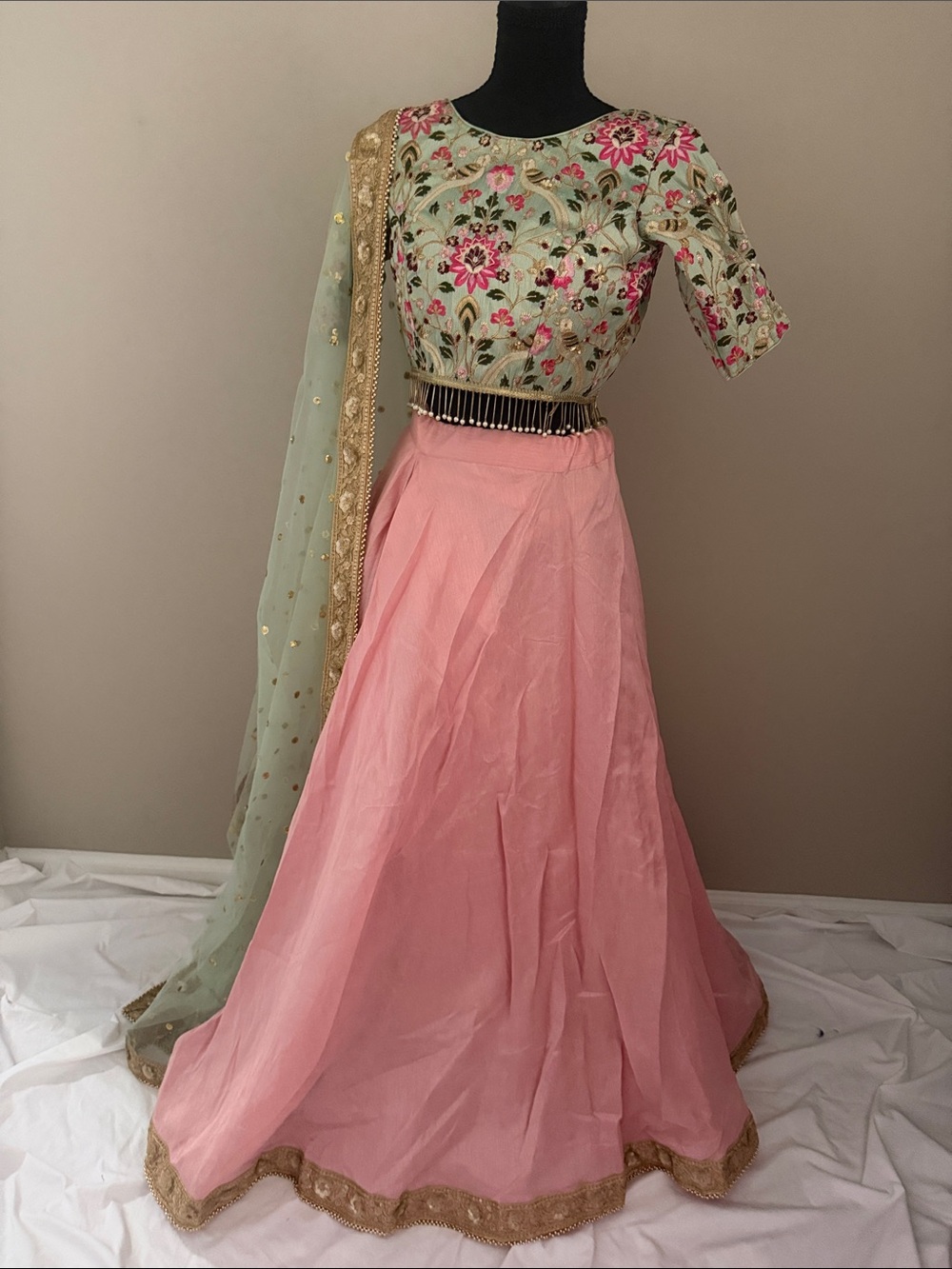 Embroidered Mint Green & Pink Lehenga Skirt Set with Backless Tassel Blouse